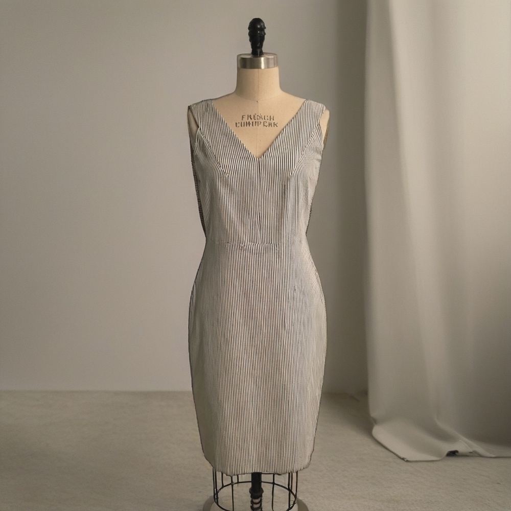 Donna Karan Classic Pinstripe V-Neck Sheath Dress Size 8